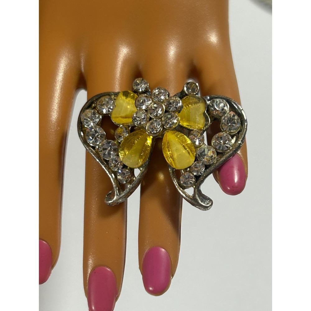 Vintage Y2K Chunky Butterfly Ring Yellow Silver Tone Rhinestone Adjustable Band